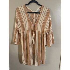 Carly Jean Los Angeles Striped Gauze Tassels V Neck Tie Front Bell Sleeve Tunic